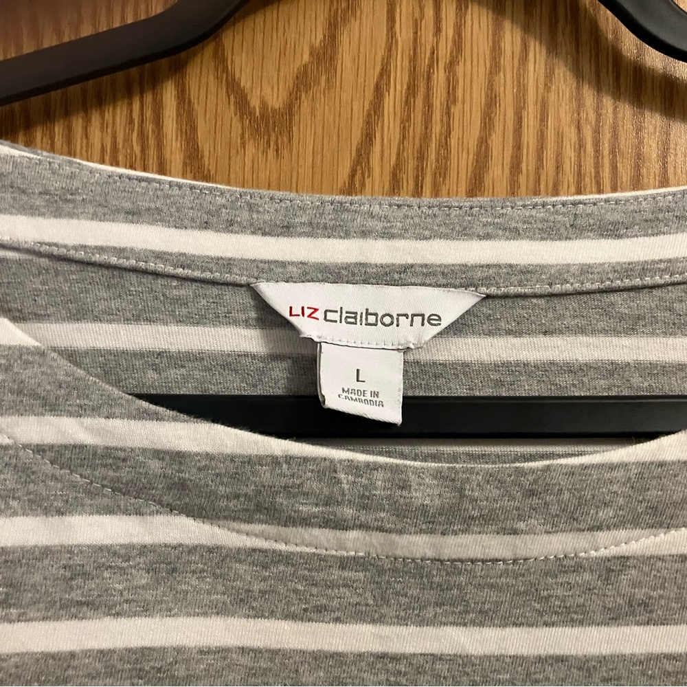 Liz Claiborne Gray and White Striped 3/4 length sleeve Gold Button Accents - Picture 2 of 5